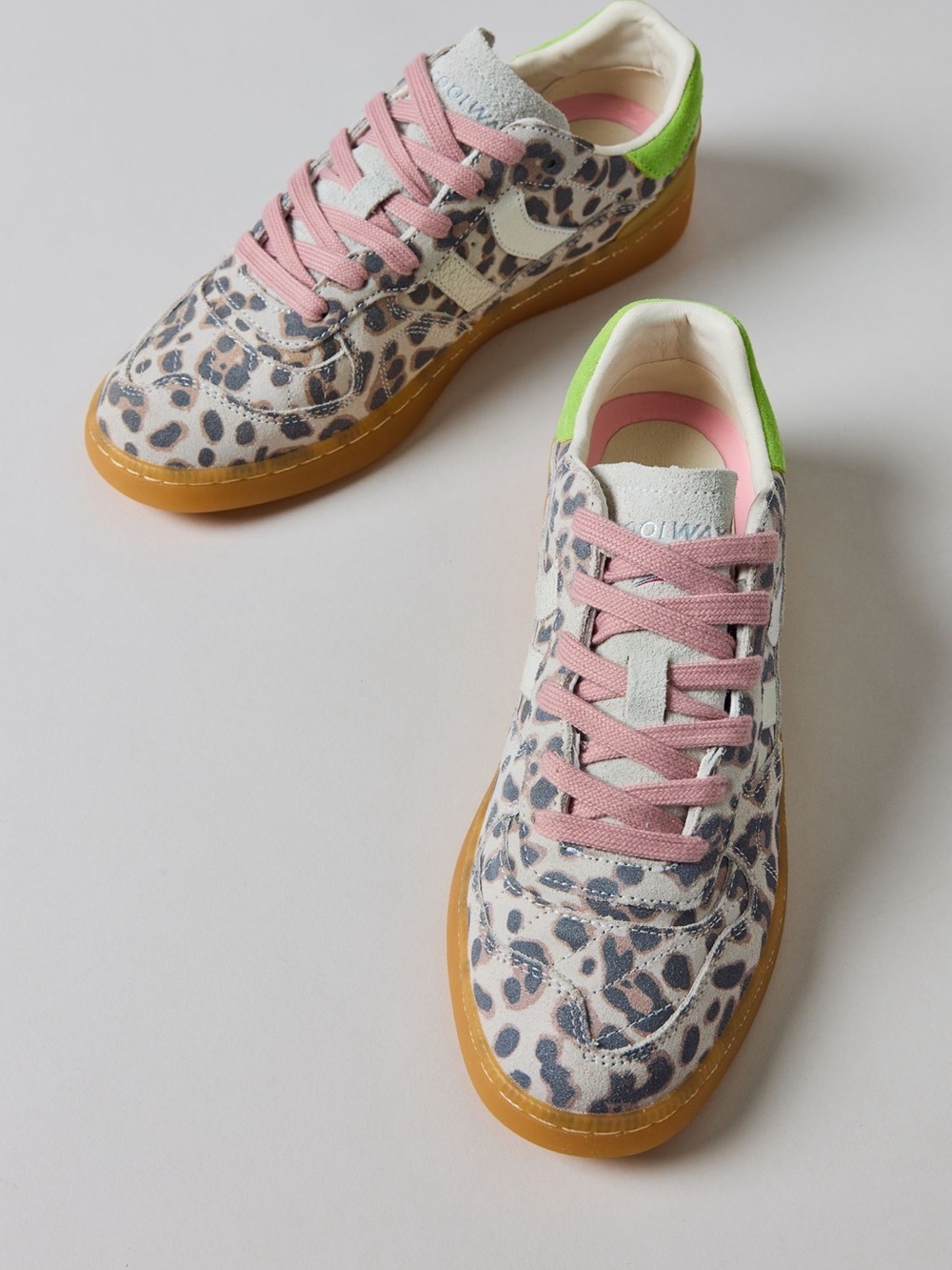 WomensLeopard Print Sneakers with Pink Laces and Green Heel